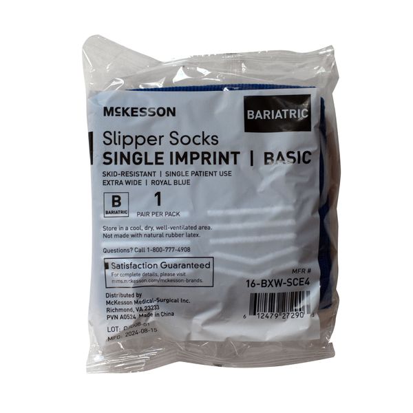 McKesson Slipper Socks Single Imprint Bariatric packaging showing MPN 16-BXW-SCE4 Extra Wide Royal Blue - 1 pair per pack