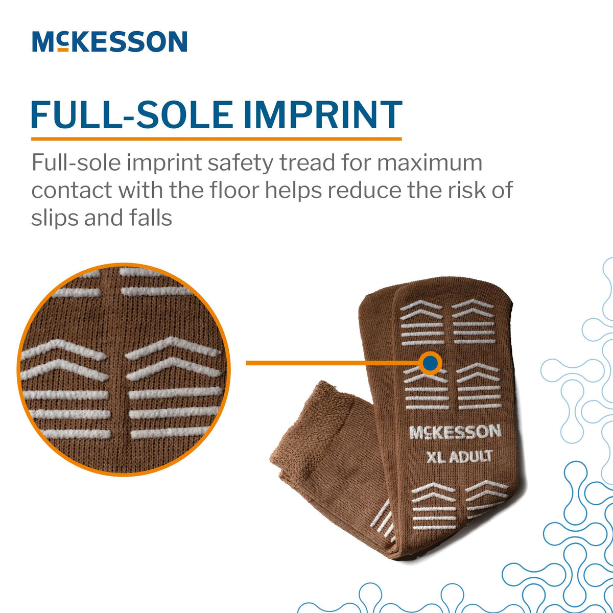 McKesson Adult XL Tan Slipper Socks - Full-Sole Imprint safety tread close-up for maximum contact and slip and fall prevention