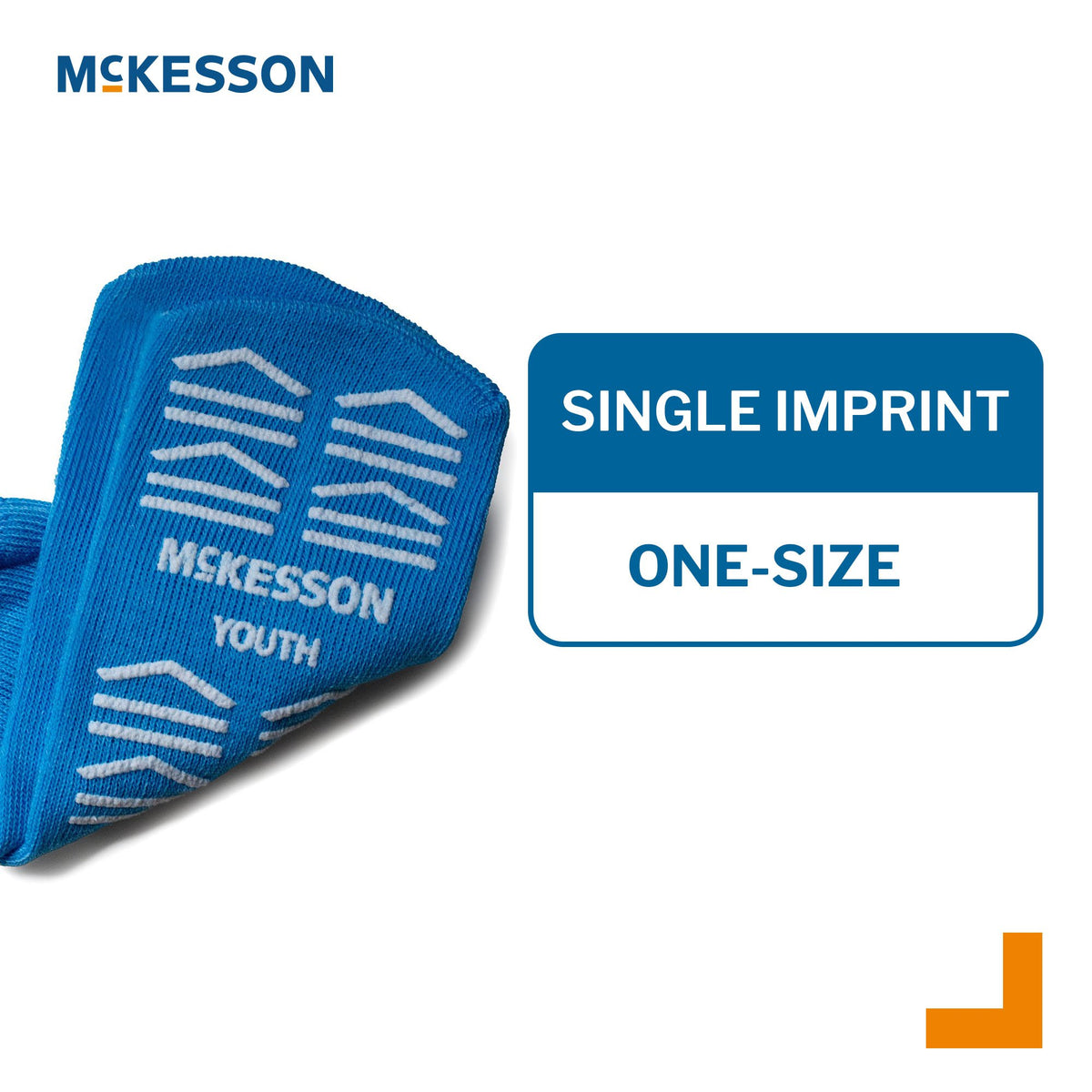 McKesson Youth Blue Slipper Socks - Single Imprint One-Size showing non-slip tread sole pattern