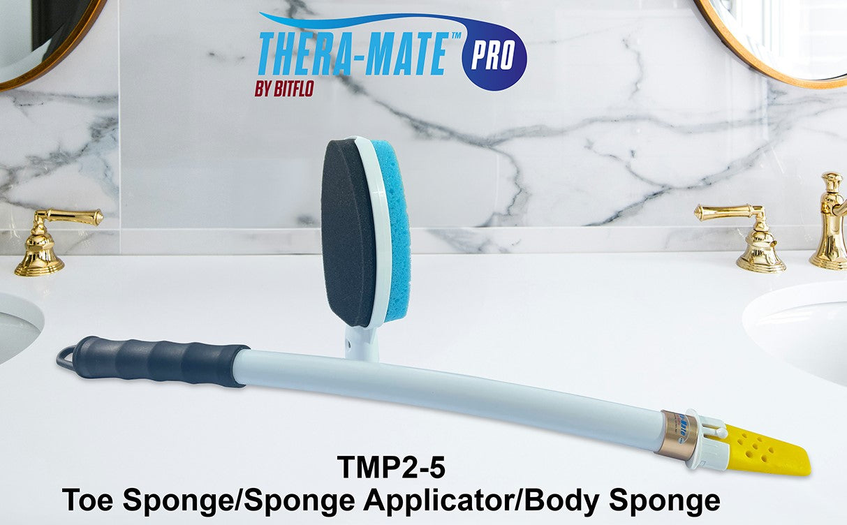 The image shows a multi-piece bath kit with various attachments: bath sponge, lotion applicator, toe sponge and extendable handle. Each component is shown being used for different aspects of bathing.