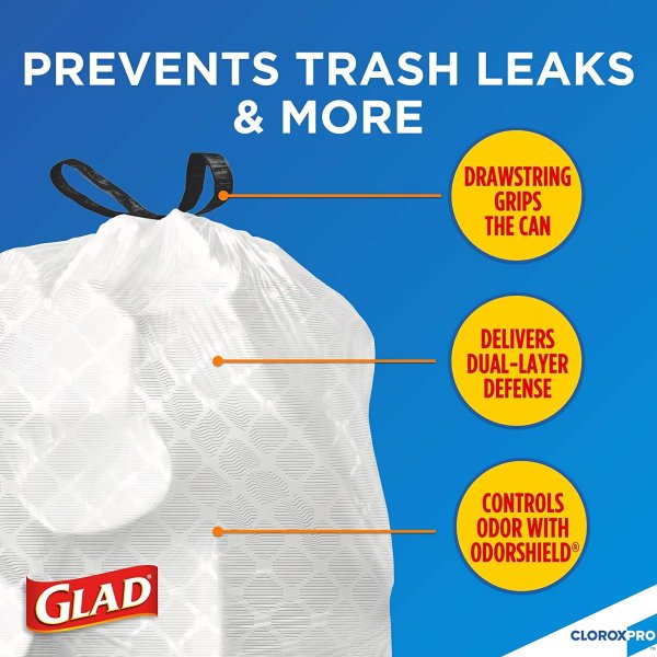 Glad ForceFlex Tall Kitchen 13 Gal Drawstring Trash Bag, 0.95 mil. CS/100