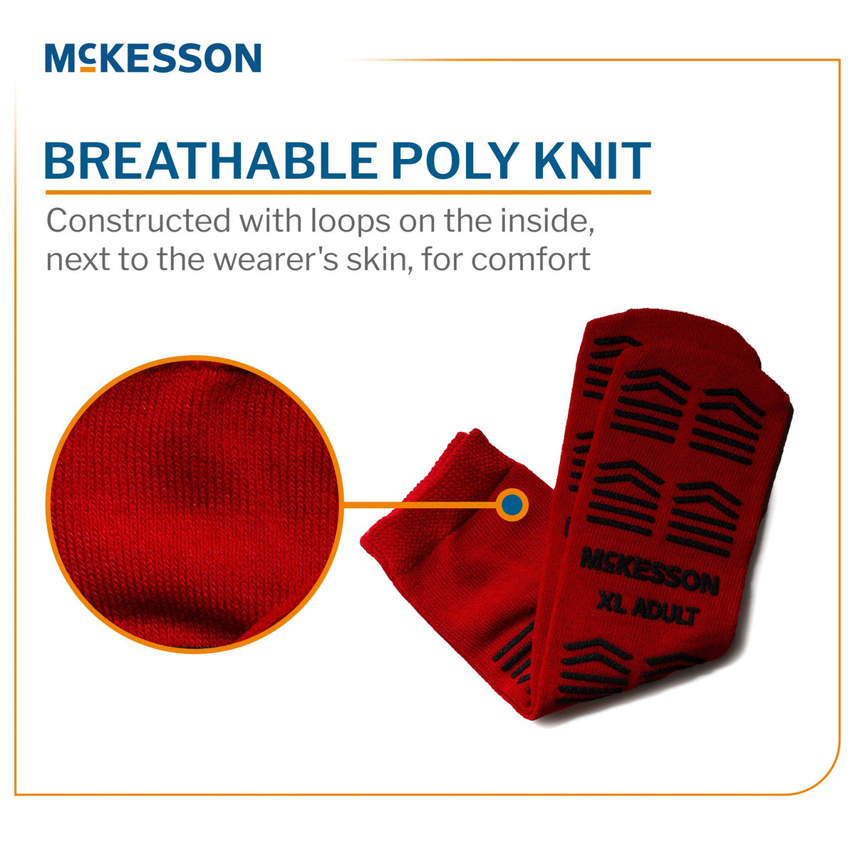 McKesson Adult XL Double Imprint Red Slipper Socks - Breathable Poly Knit interior loop construction for comfort next to skin