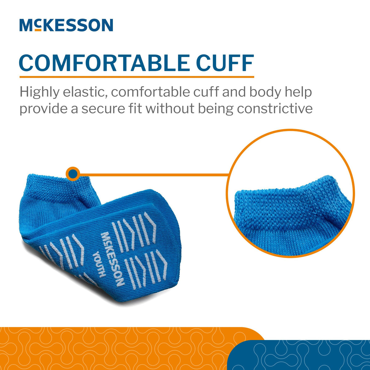 McKesson Youth Blue Slipper Socks - Comfortable Cuff detail showing highly elastic secure fit without constriction