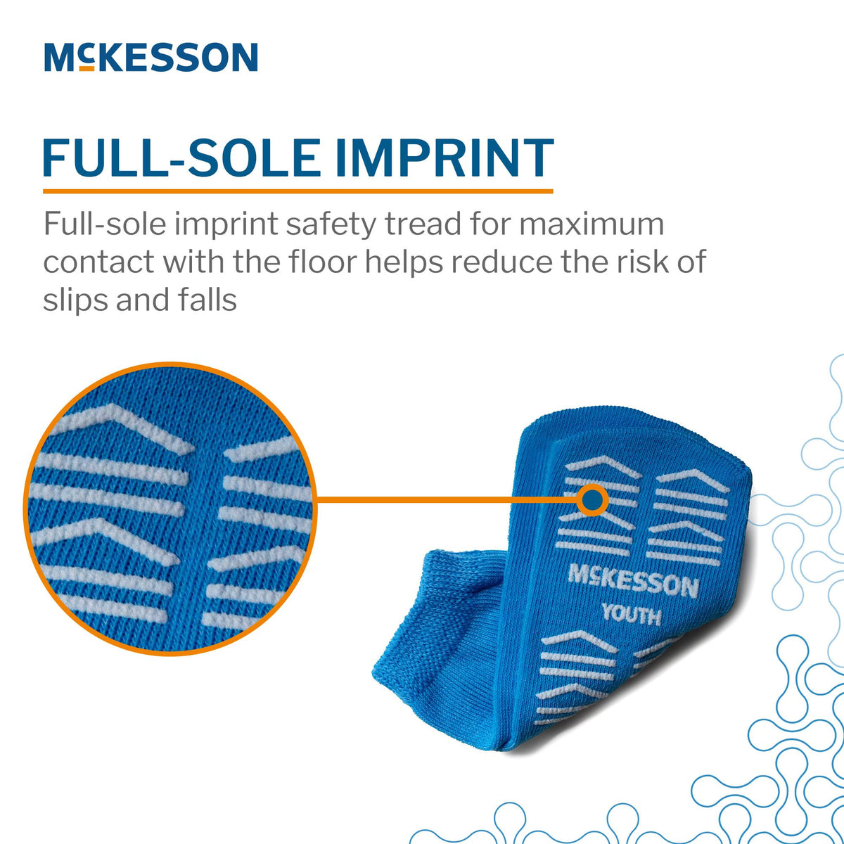 McKesson Youth Blue Slipper Socks - Full-Sole Imprint safety tread close-up for maximum slip resistance