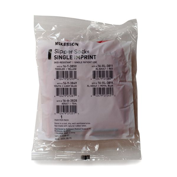 McKesson Slipper Socks Single Imprint packaging showing MPN 16-XL-3811 XL Adult Red - 1 pair per pack