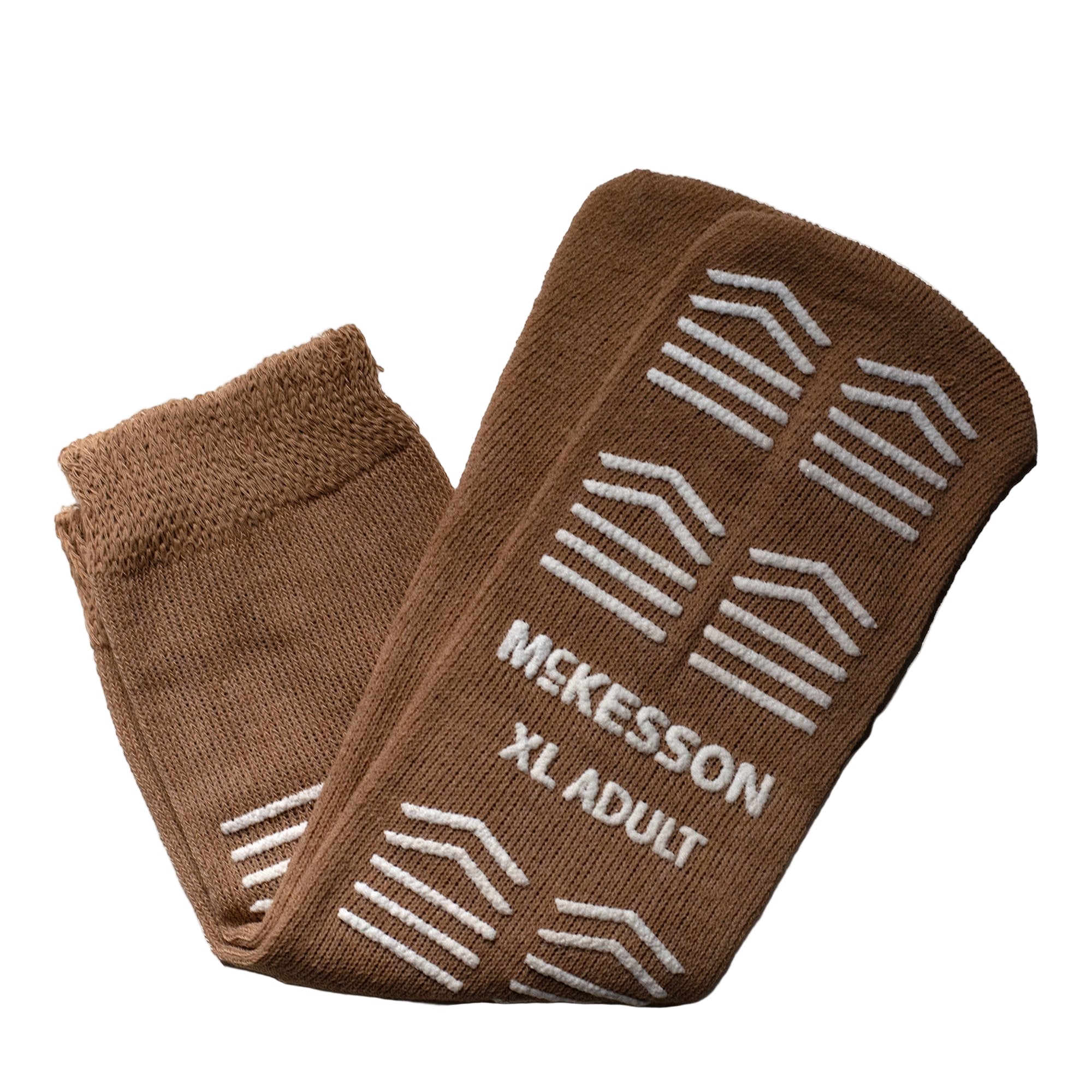 McKesson Adult Slipper Socks size 5–7 in red with full-sole safety tread for slip resistance. Soft, breathable polyester knit and elastic cuff for secure, comfortable fit—perfect for home or healthcare settings.