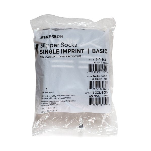 McKesson Slipper Socks Single Imprint Basic packaging showing MPN 16-XXL-SCE3 XXL Adult Gray - 1 pair per pack