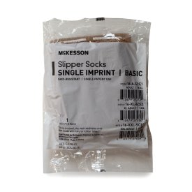 McKesson Slipper Socks Single Imprint Basic packaging showing MPN 16-XL-SCE2 XL Adult Tan - 1 pair per pack