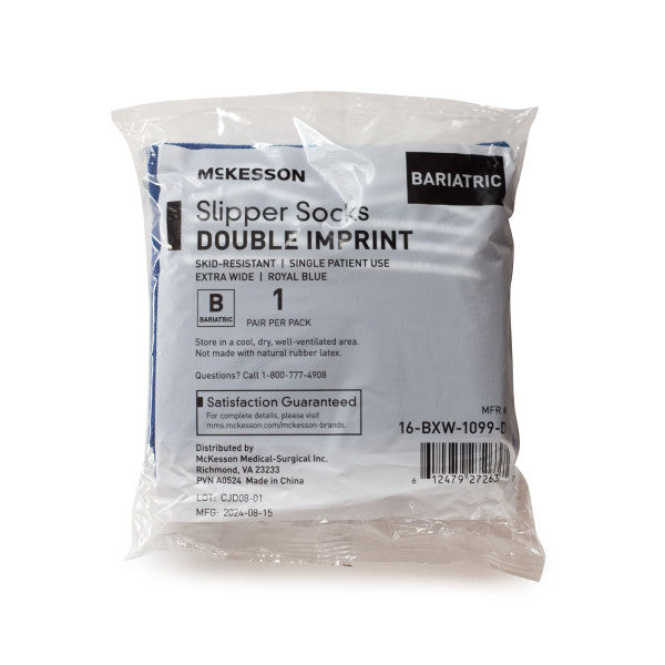McKesson Slipper Socks Double Imprint Bariatric packaging showing MPN 16-BXW-1099-D Extra Wide Royal Blue - 1 pair per pack