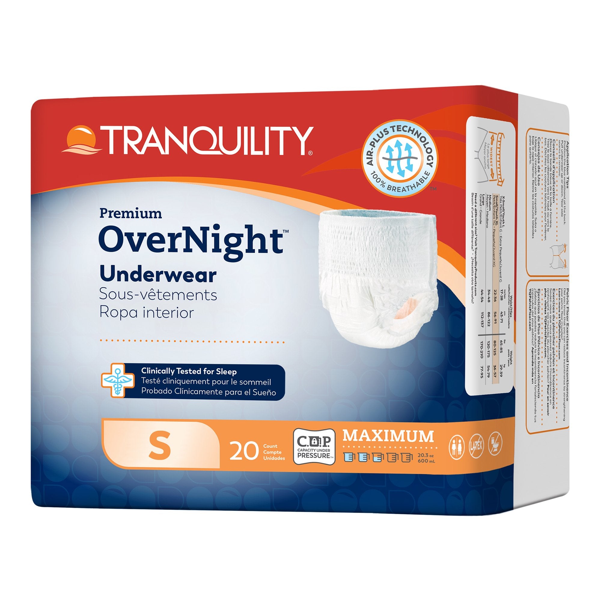 Package of Tranquility Premium Overnight disposable absorbent underwear, size small
