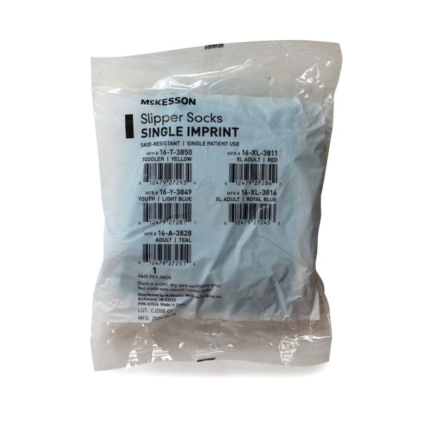 McKesson Slipper Socks Single Imprint packaging showing MPN 16-A-3828 Adult Teal - 1 pair per pack